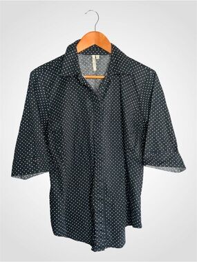 grand & greene Black Cotton Button-Down Shirt with White Polka Dots Large